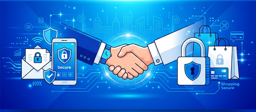 Data Privacy illustration banner: secure contact, handshake, and safe shopping